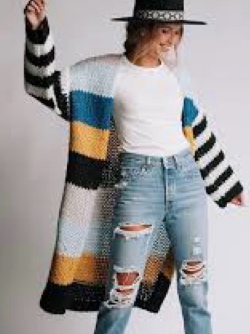 Colorblock Open-Front Long Cardigan Sweater - Blue/Yellow/Black/White one size